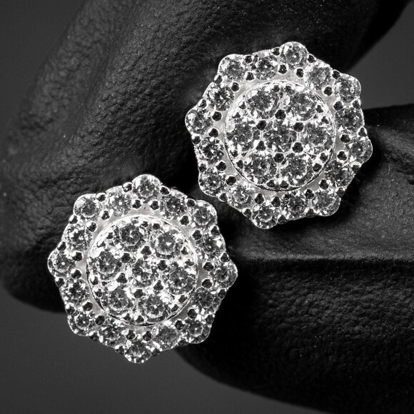 Men's Hip Hop Octagon White Gold 925 Sterling Silver Cz Cluster Stud Earrings - Picture 1 of 5